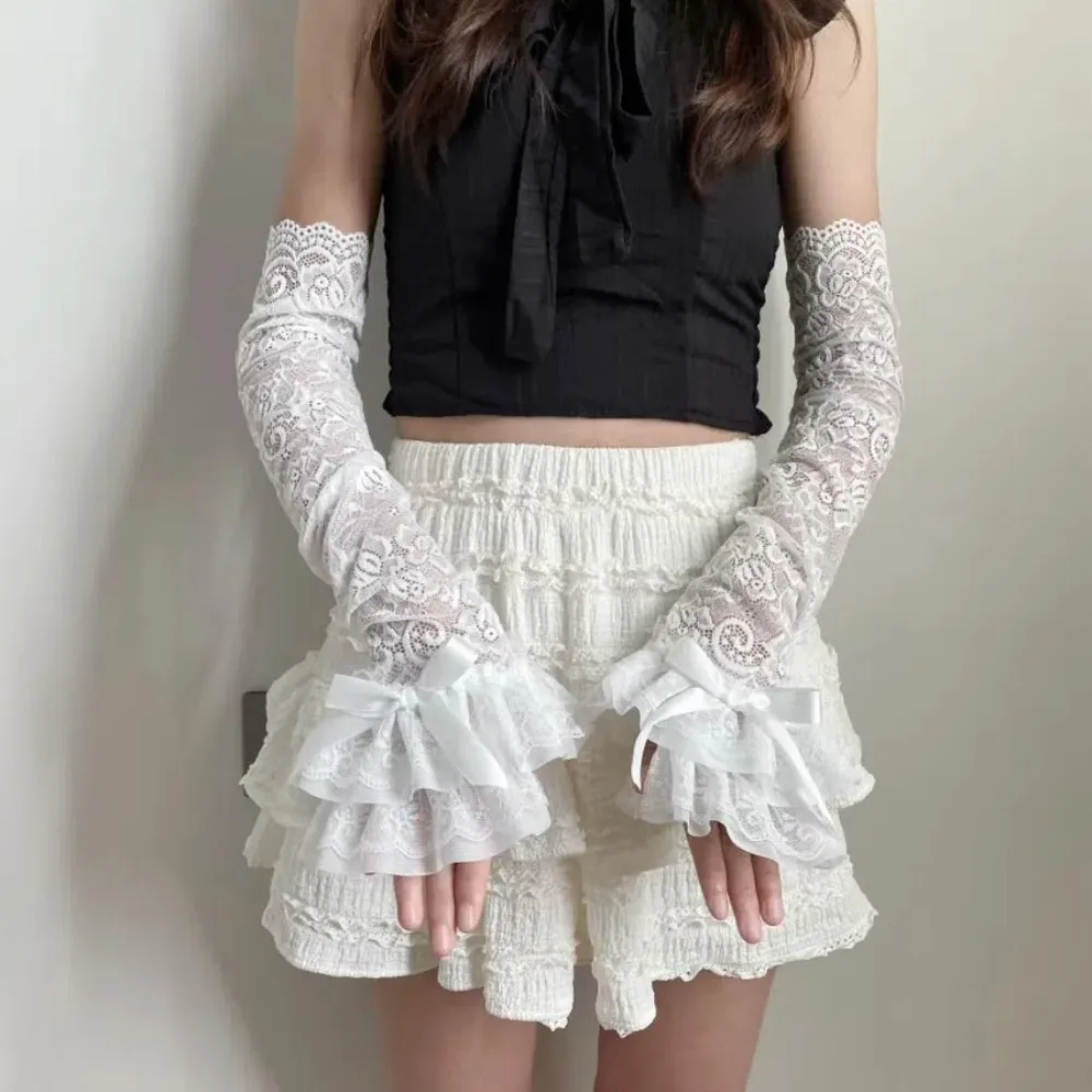 Graceful Lace Bowknot Womens Sleeve Y2K Hollow Out Lace Fingerless Gloves Sun Protection Long Gloves