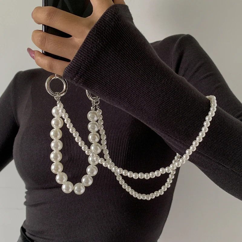 Fashion Trend Double Layer Imitation Pearl Mobile Phone Chain Women's