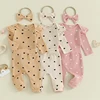 2023-09-12 Lioraitiin Infant Baby Girl Clothes Set Waffle Knit Heart Long Sleeve Romper Pants Headband Suit Outfits Fall Clothes 1