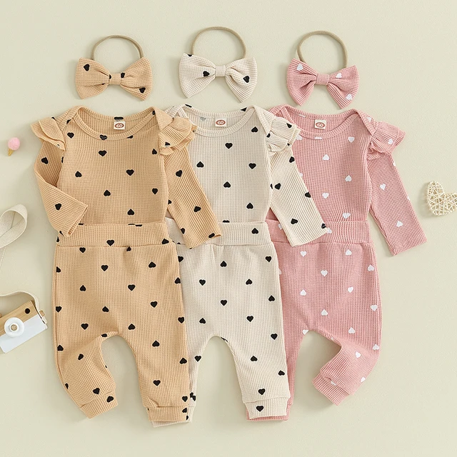 2023-09-12 Lioraitiin Infant Baby Girl Clothes Set Waffle Knit Heart Long Sleeve Romper Pants Headband Suit Outfits Fall Clothes 1