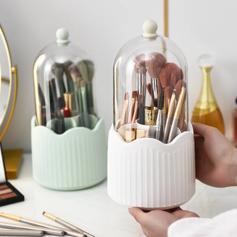 

360° Rotating Makeup Brush Holder With Lid Dustproof Desktop Cosmetic Organizer Lipstick Storage Box Office Pencil Container