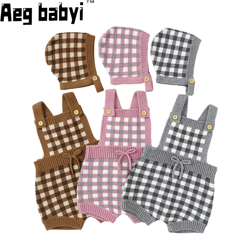 

Newborn Clothes 2022 New Baby Boys Girls Plaid Suspender Knitted Jumpsuit+ Hat Outfit Infant Knit Overalls Toddler Clothing