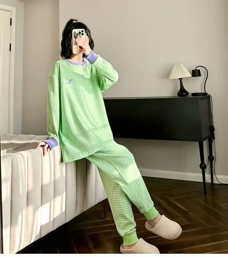 M-3XL Modische Gestreifte Pyjama-Sets Neue Übergrößen-Schlafbekleidung Lounge-Nachtwäsche Baumwolle Damen Hauskleidung Pyjamas Femme Hausanzug – Detail 4