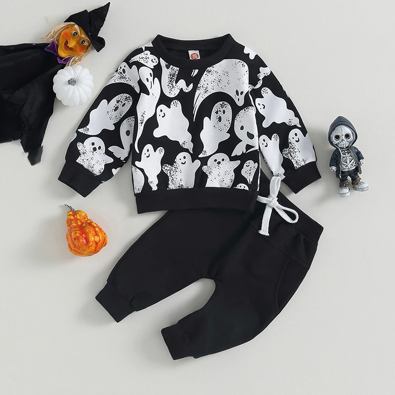 

Listenwind Halloween 0-3Y Baby Unisex 2Pcs Fall Outfits Long Sleeve Ghost Print Tops and Pants Set Toddler Clothes