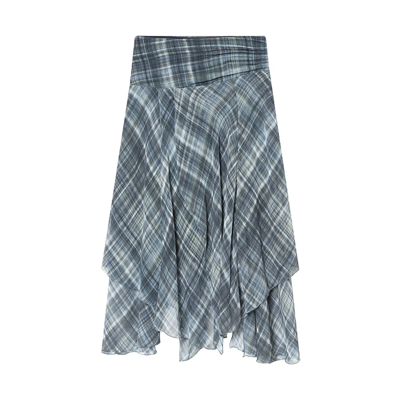 Winter New 2025 Pleated Decorative Asymmetric Hem Plaid Midi Skirt Women's Casual High WaistStreetwear Midi Skirts ﻿