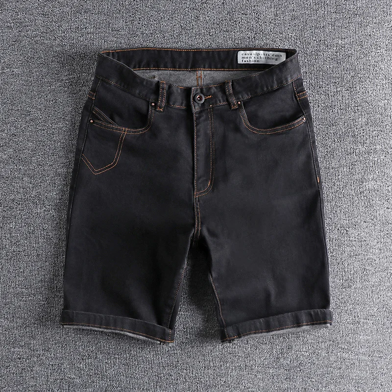 

2022 Micro-elastic comfortable primary color simple men's denim shorts car line decoration wild summer youth five-point pants