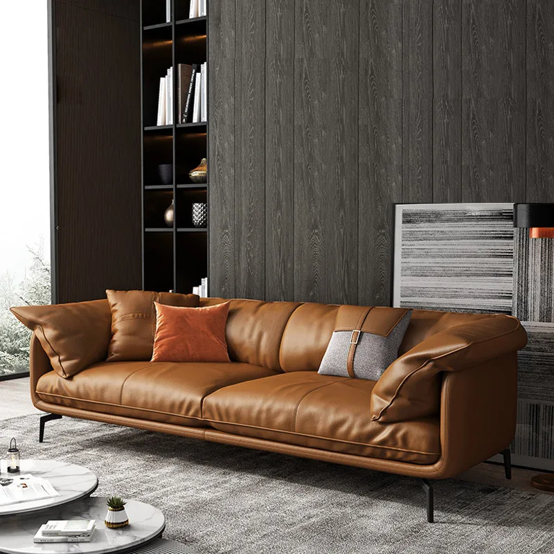 

leather sofa Modern minimalist small apartment living room luxury three-person first-floor leather sofa combination