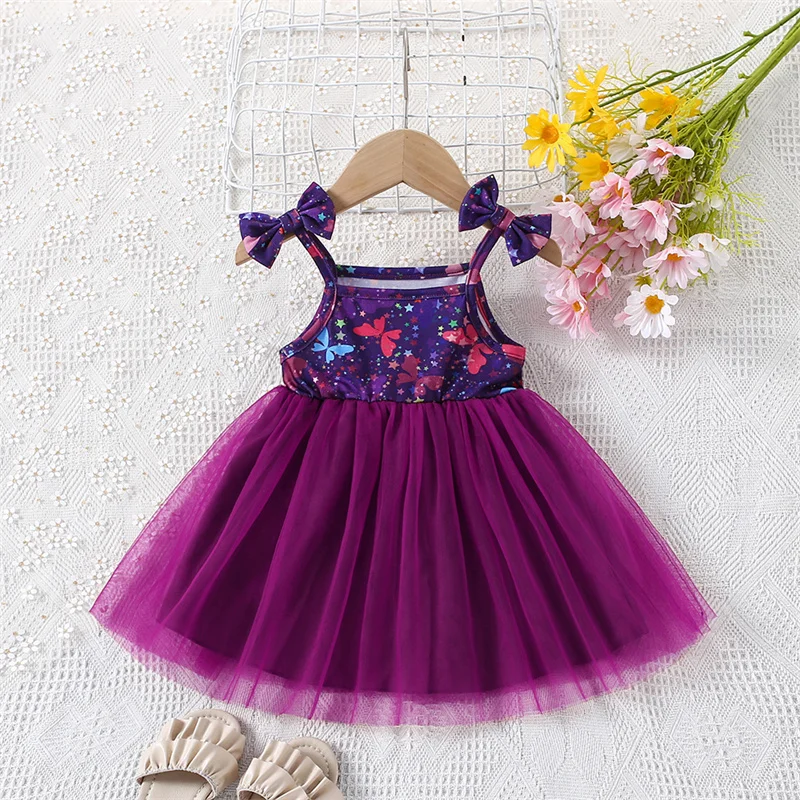 Baby Girls' Dress Summer Fresh Mesh Girls' Dress Bow Printed Girl Baby Sleeveless Strap 0-3 Years Old girls dress,baby girl dress