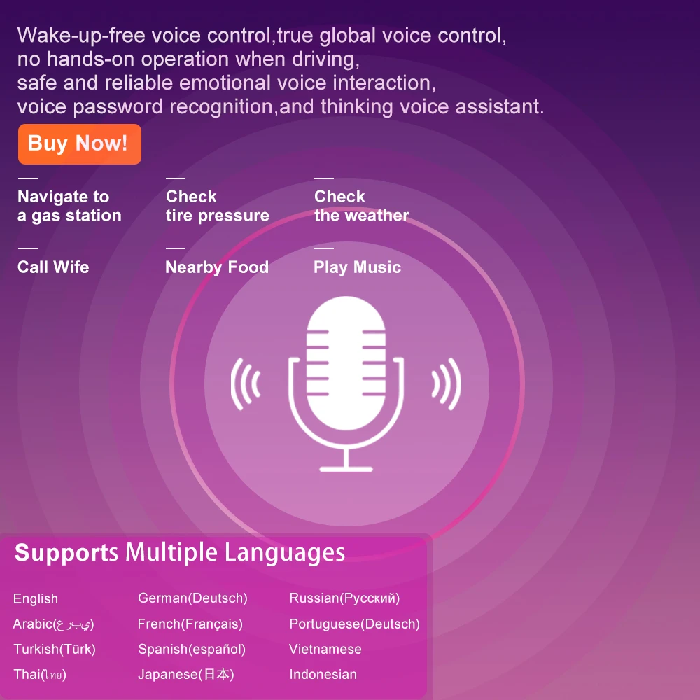 

For Android Voice Control English Portuguese Spanish German Japanese Vietnamese French Thai Arabic Vietnamese Indonesian Russian