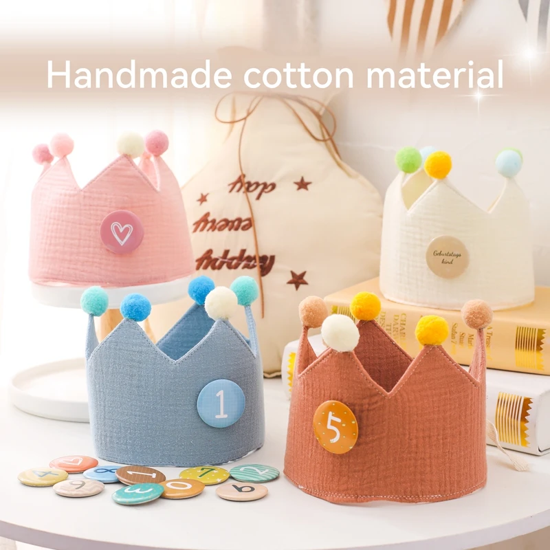 Baby Birthday Party Hat Set Cotton Soft Crown Hat Infant Milestone Birthday Party Photography Props Kids Grow Commemorate Gifts 1