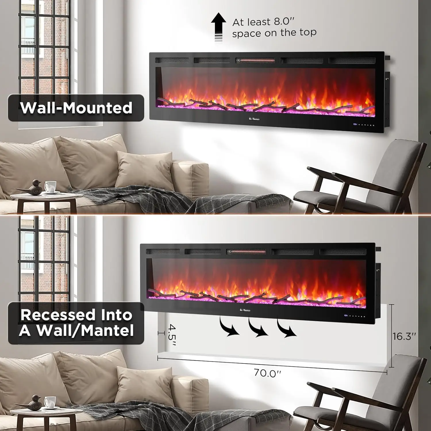 72&rdquo; Smart WiFi Infrared Electric Fireplace with Sound Crackling and Realistic Flame 1500W Quartz Heater Recessed or Wall Mounted