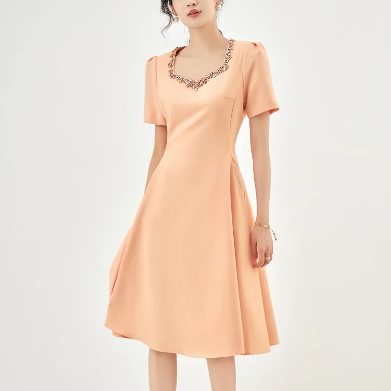 

Summer Short Sleeve Dress Beading Party Clothes Luxury Korean Dress Sweet Girls Slim Fit Waist Evening Club Wedding Dresses