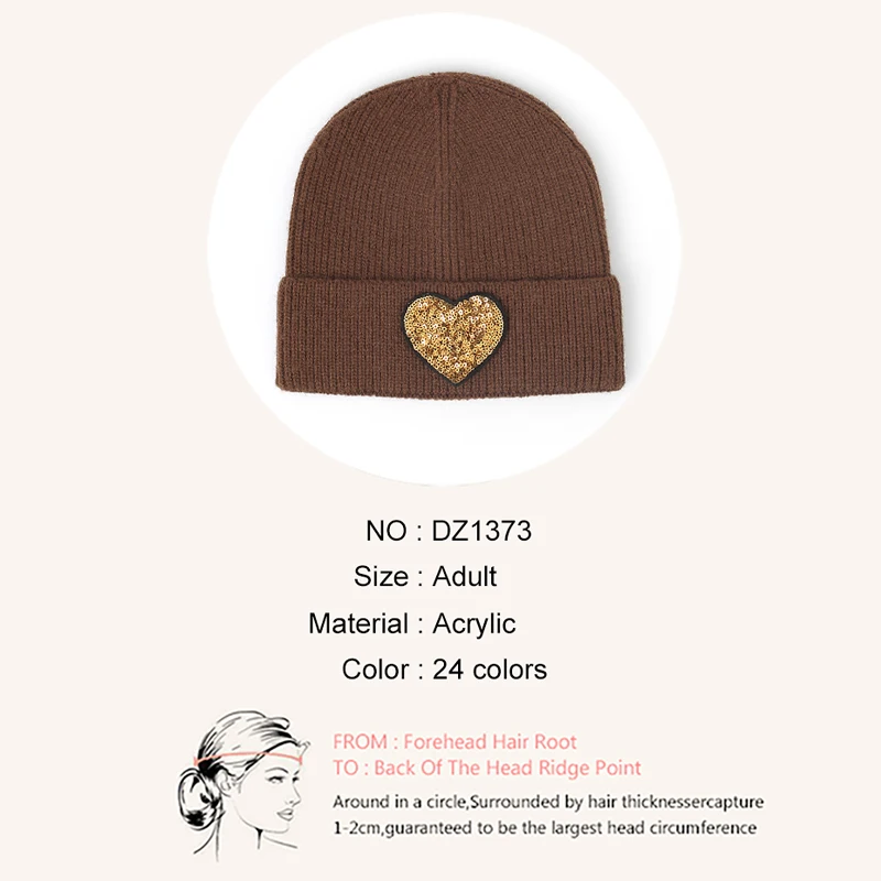 Fashion Sequined Heart Knitted Winte Beanie For Women Solid Autumn Warm Casual Skullies Beanies Female Soft Thick Rolled Hats 6