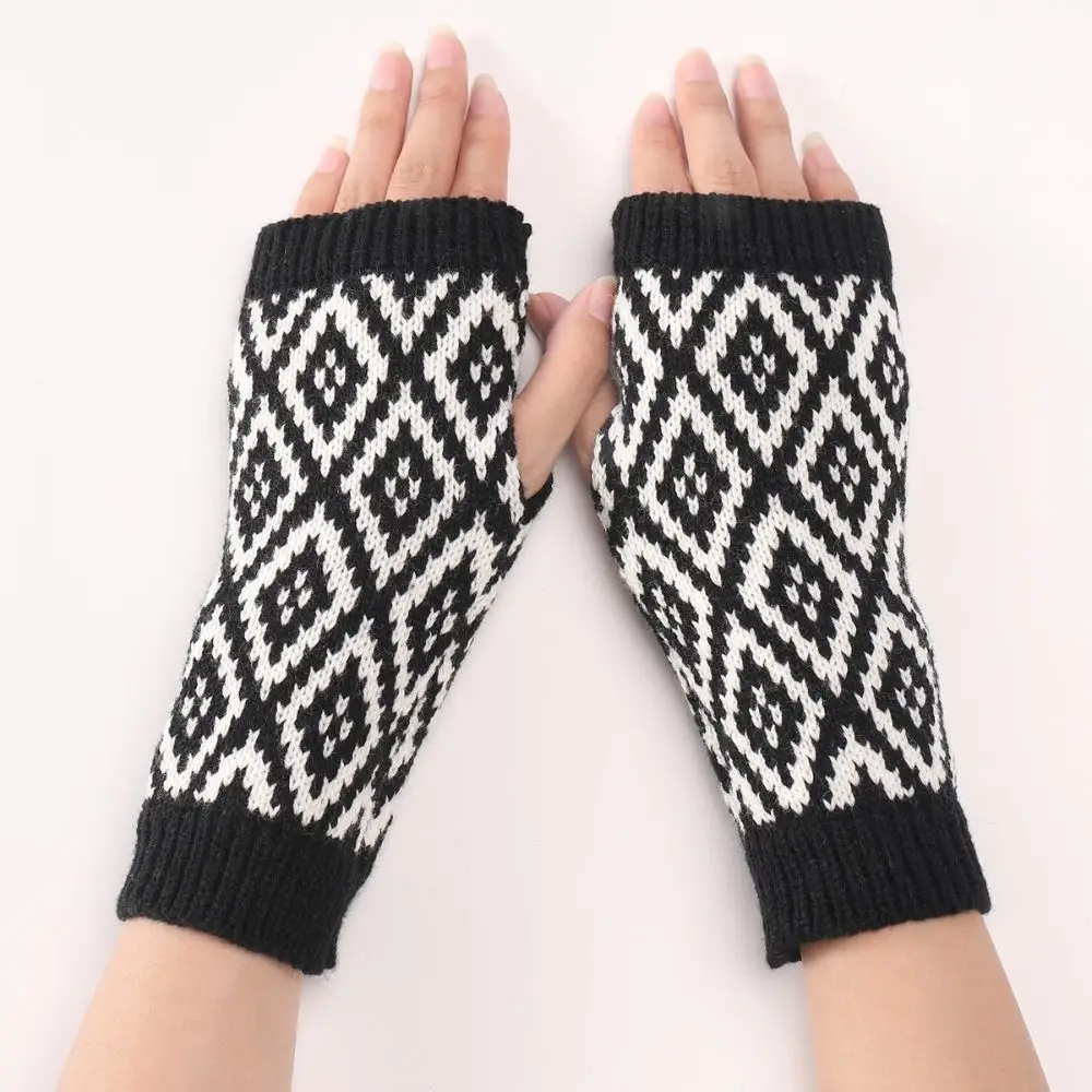 Knitted Wrist Gloves New Fingerless Elastic Writing Gloves Open Finger  Sleeve Rhomb Pattern False Sleeve Gloves Autumn Winter - AliExpress