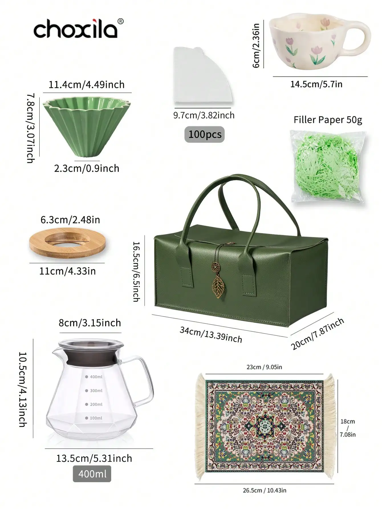 8-Piece Pour Over Coffee Set with Green Gift Bag -...