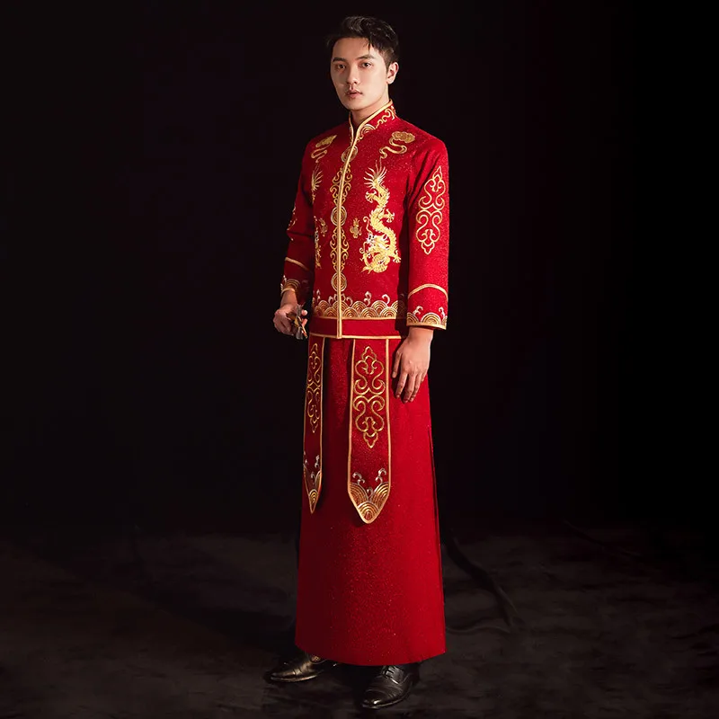 Qipao – robe de mariée chinoise pour hommes, col Mandarin, Dragon brodé, costume Tang, vêtements pour toasts