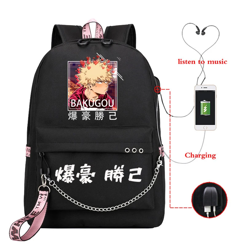 

Anime My Hero Academia School Bags Deku Bakugou Boku No Hero Academia Usb Charge Backpack for Girls Femme Bookbag Teens Rucksack