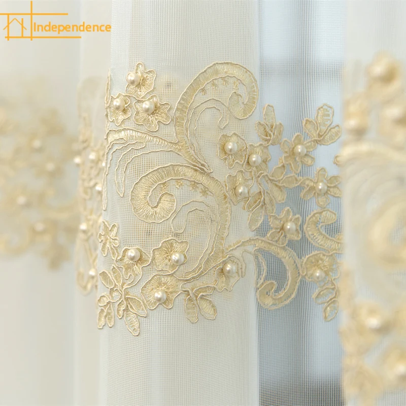 

Modern light luxury pearl lace embroidered flower gauze curtain screen light-transmitting living room bedroom balcony bay window