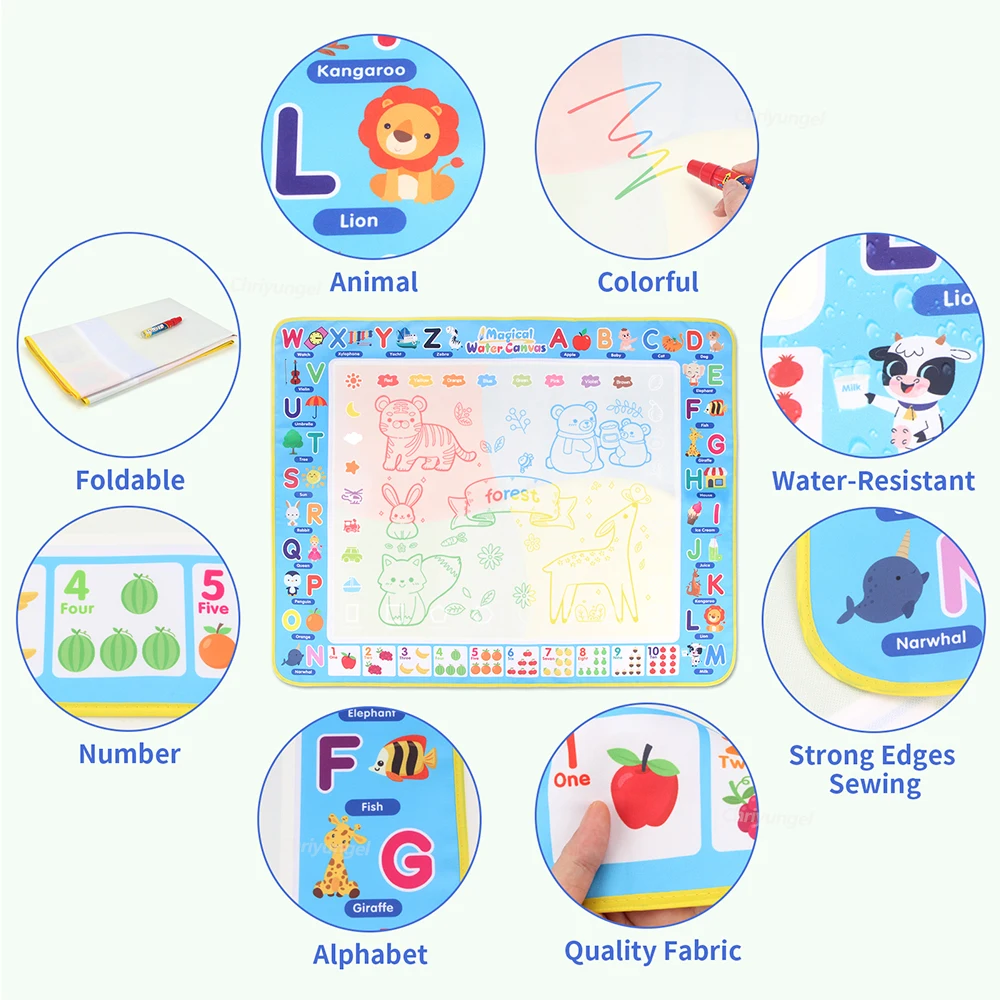 100x80CM Magic Water Drawing Mat with Reusable Magic Pens, Drawing Board Toy for Kids, Doodle Montessori Painting 39X31 Inches 6