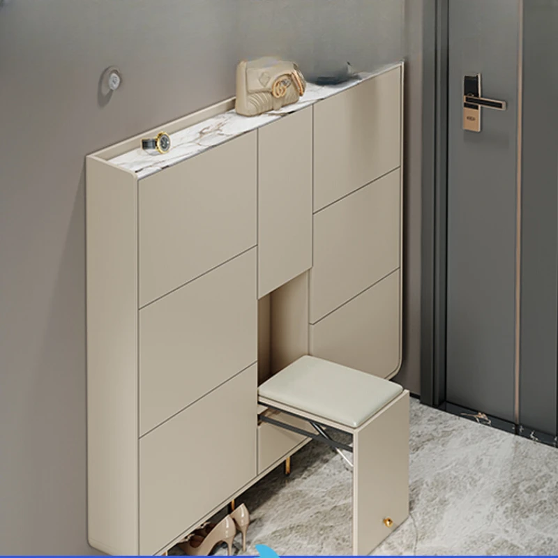 

Modern luxury foyer cabinet, minimalist home, with a stool outside the door