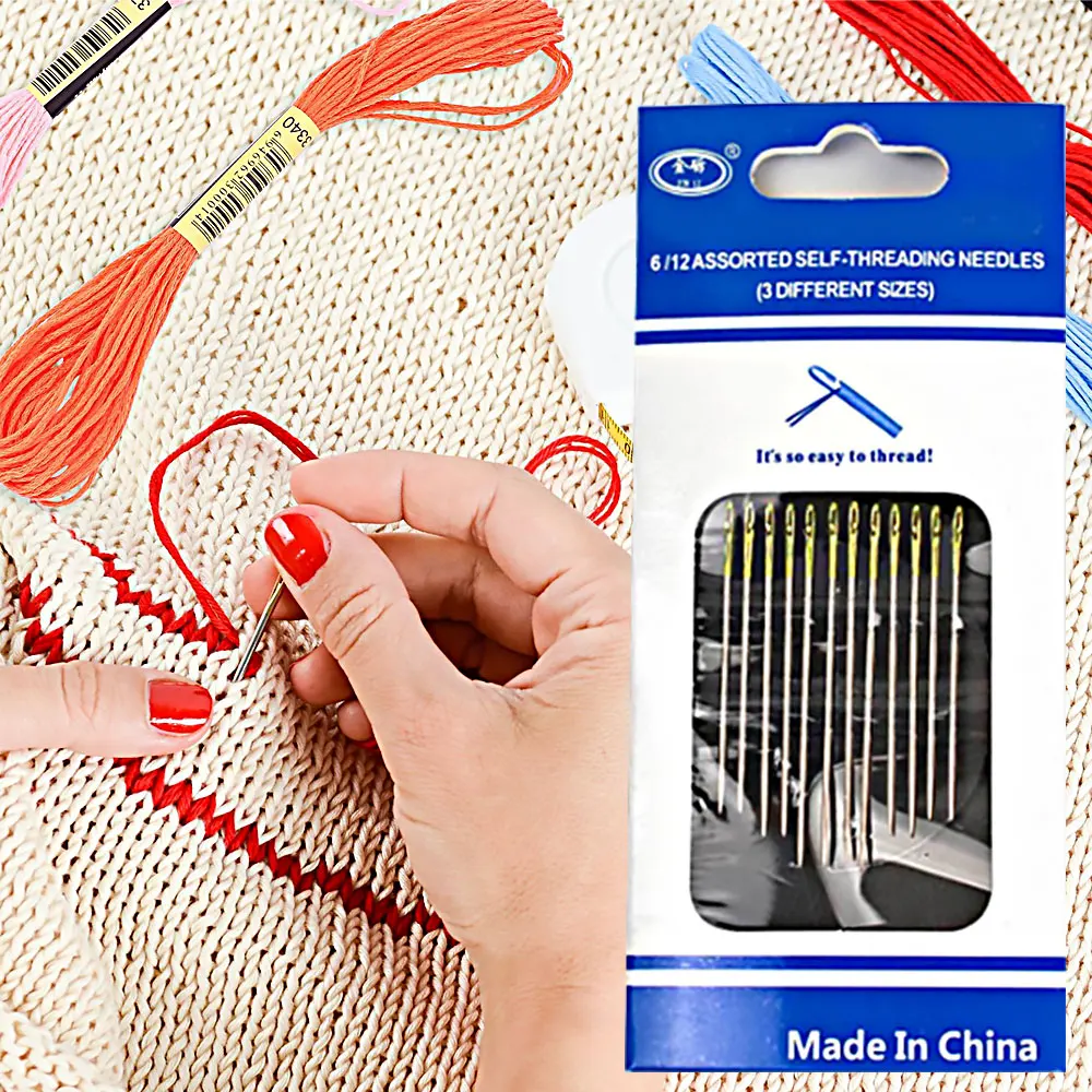 스테인레스 스틸 셀프 스레딩 바늘, 손 바느질 바늘, 가정용 도구, 새로운 2022, 12 개