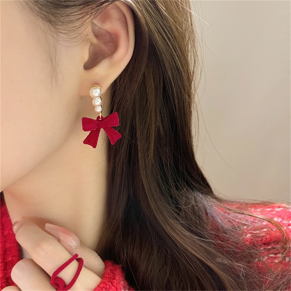 Bowtie Earrings for Women Girls Simulated Pearl Cloth