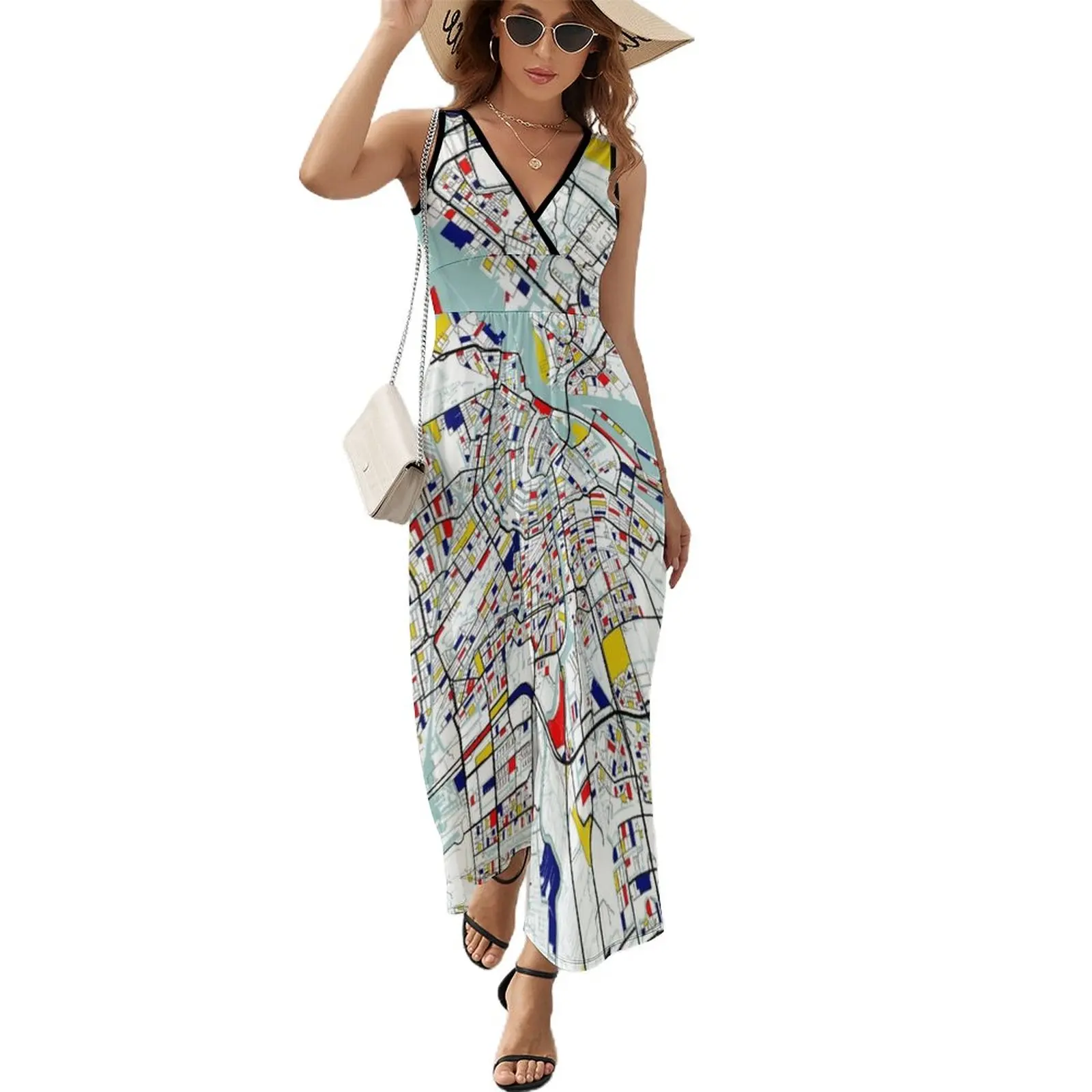 

Amsterdam City Map of Netherlands - Mondrian Sleeveless Dress women long dresses Women's summer dress Women's long dress