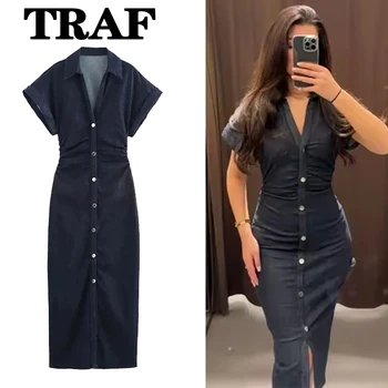 TRAF Denim Dress Donna Primavera Estate Casual Abiti lunghi per le donne 2025 New Fashion Increspato Manica corta Streetwear Abito longuette 1