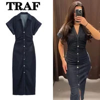 TRAF Denim Dress Women’s Spring Summer Casual Long Dresses For Women 2025 New Fashion Ruched Short Sleeve Streetwear Midi Dress