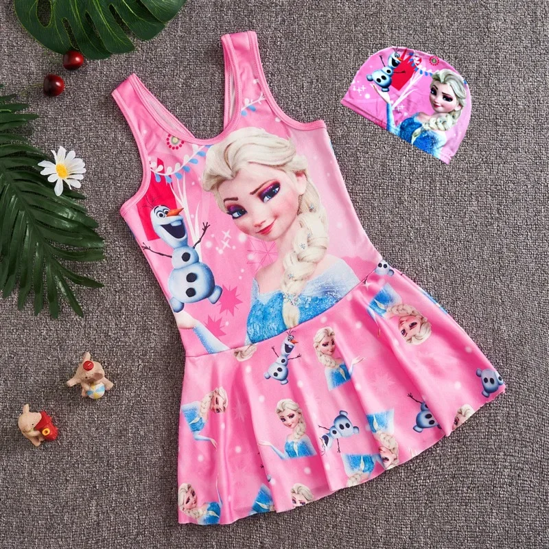 Baby Girls Swimsuit One Piece Bodysuit With Hat Children Swimwear Cartoon Elsa Olaf Kid Skirt Lovely Bikini Bath Suit Beach Wear children swimwear