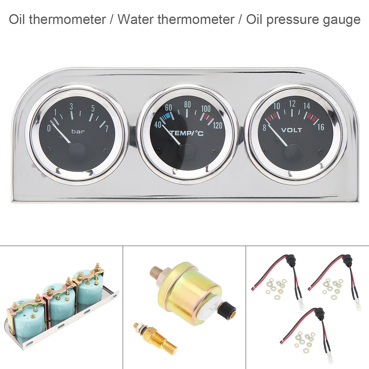 3 in 1 Durable Triple Gauge Kits 52mm 2 Inch Universal Water Temp Oil Pressure Oil Temp Gauge Meter with Electronic Sensor