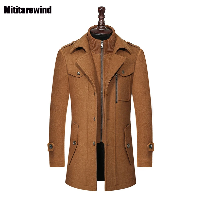 

Autumn Winter Men's Jackets Business Casual Khaki Woolen Coat Detachable Double Collar Button Wool Blends Coat Fashion Overcoat