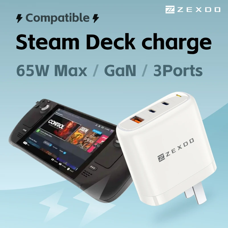 스팀 덱용 ZEXDO 65W 충전기 3포트 미국/영국/EU/중국 플러그 PD3.0..