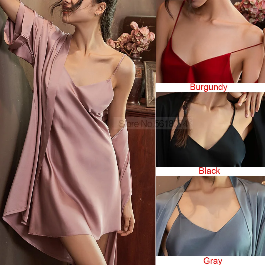 Women Sleepwear Satin Robe Set Nightdress Kimono Bathrobe Gown