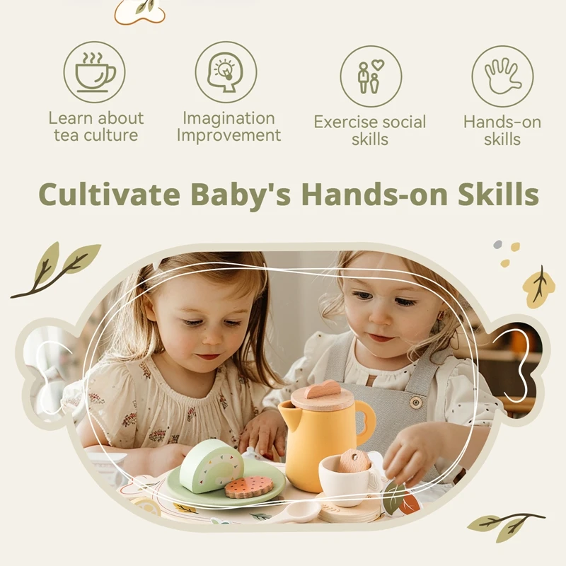 Baby Wooden Afternoon Tea Set Tea Party Tableware Wooden Handiccraft Toy Kitchen Pretend Play Set for Toddlers Kid Birthday Gift