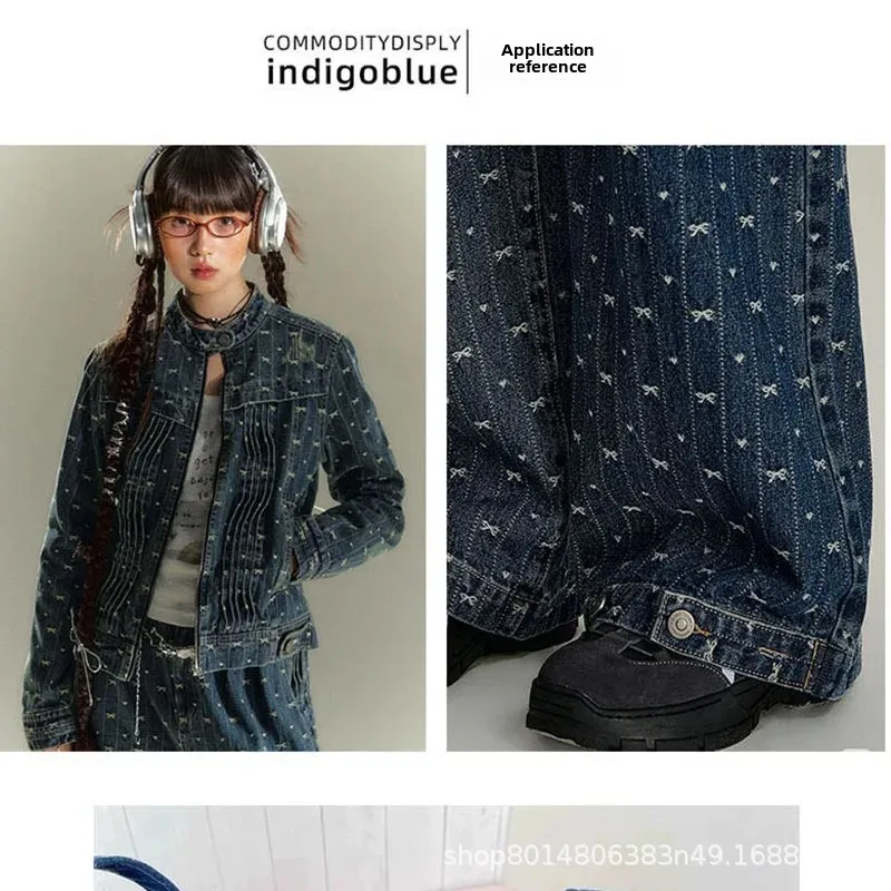 Retro Striped Embroidered Butterfly Knot Washed Denim Fabric Clothing Material Jeans Jacket Bag Fabric Chinese Brand AE Stock