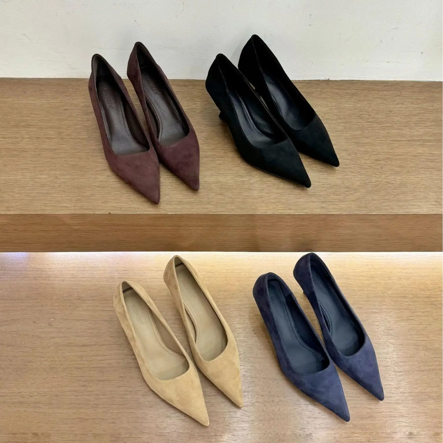 블랙 벨벳 표면 포인티드 토 캣힐 여성화 출퇴근 플랫 스프링 가을 신상 부드러운 가죽 안감