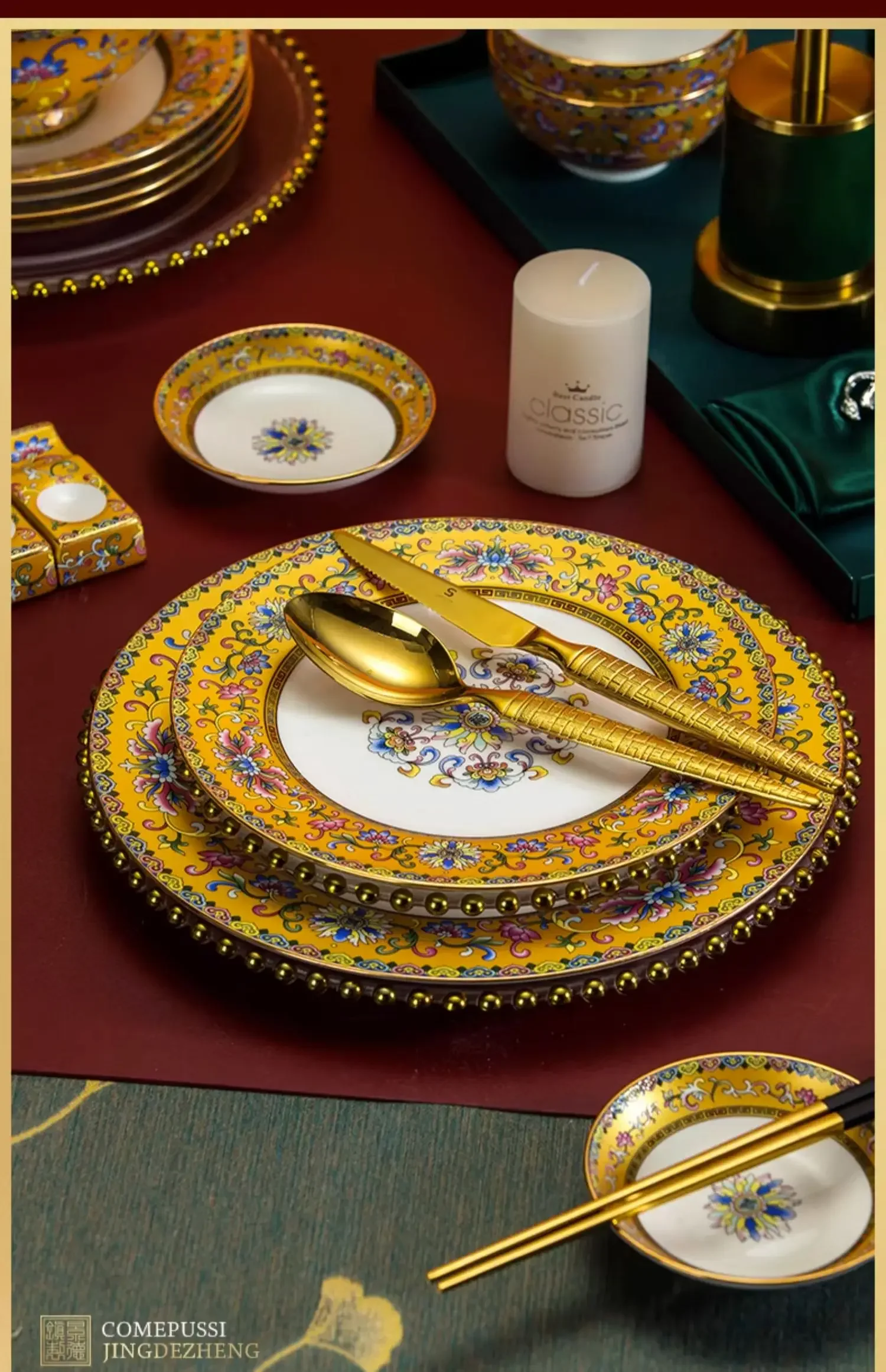 Premium Bone China Dinnerware Set with Enamel Finish-Chinese Style Luxury Enamel Chinese Dinnerware Set
