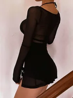 Square Collar Solid Mini Dress For Women Y2k Clothes Gauze Sexi Night Dress Hot Club Outfits Sheer Vestidos De Mujer Long Sleeve - Image 4