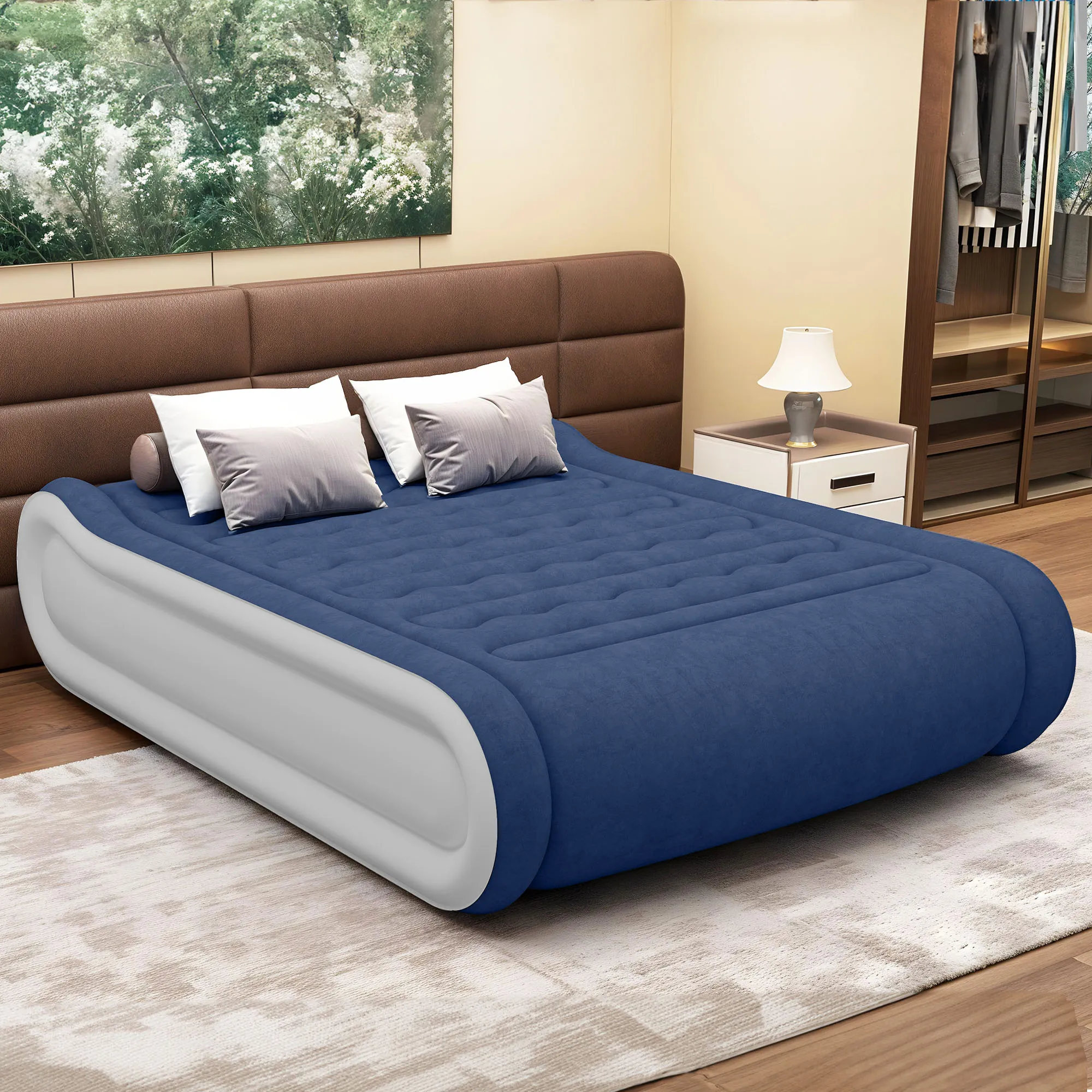 YITAHOME Blau-weiße 2-Personen-Deluxe-Luftmatratze mit Kissen, elektrische Pumpe, 200 x 150 cm