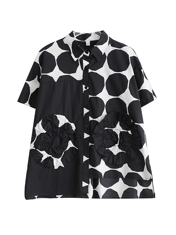 Irregular Polka Dot Print Spliced Vintage Shirt Women Short Sleeve Loose Casual Blouse Top Fashion Clothing New Summer 2025
