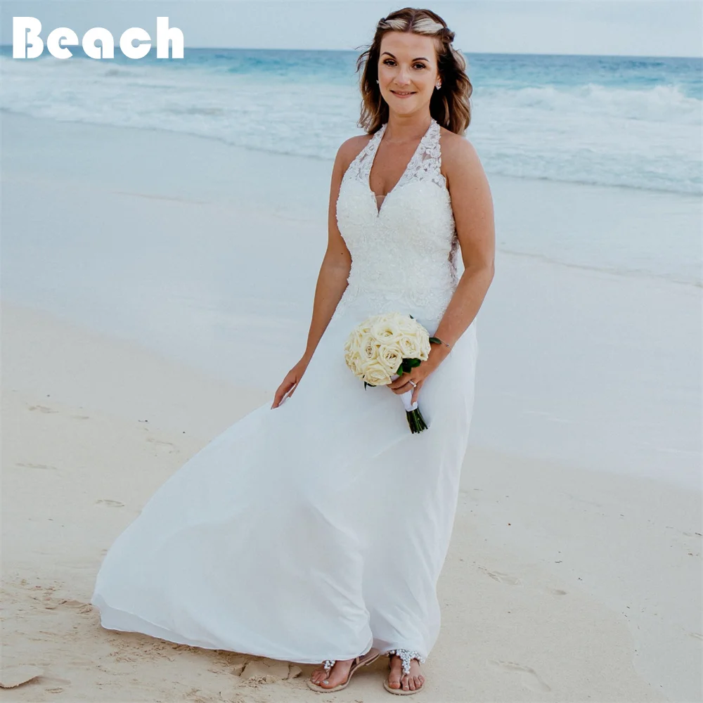 

BEACH Lace Halter Sleeveless Boho Wedding Gowns Tulle Backless A Line Appliques Sweep Train Bride Dress vestidos largos