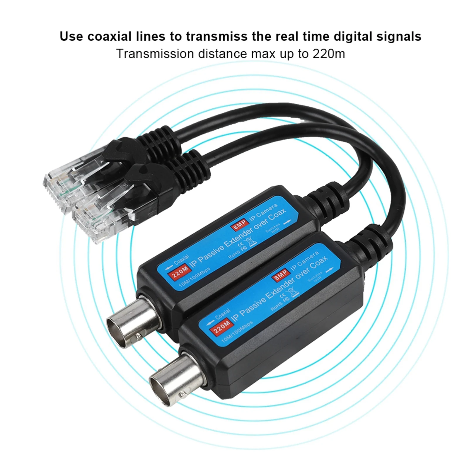 1Pair 10/100Mbps 1CH Ricevitore trasmettitore coassiale di rete IP passivo Extender per telecamera IP NVR Extender su coassiale per NVR - immagine 5