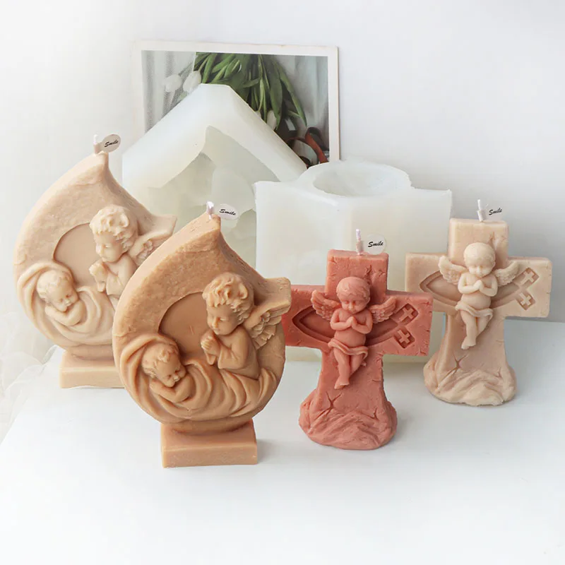 

3D Angel Cross Statue Candle Mold Handmade Angel Sculpture Scented Candle Gypsum Resin Mould Home Decor Cake Tool Silicone Molds