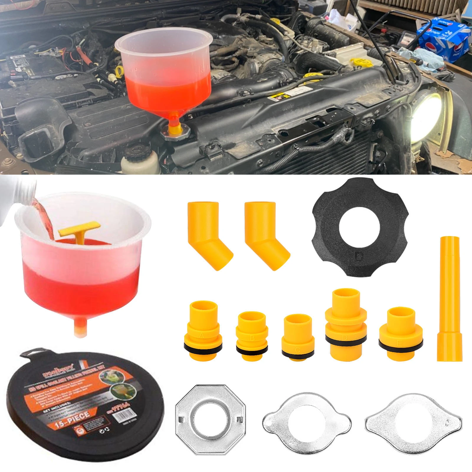 Car Radiator Coolant Filling Funnel Kit Spill Proof Cooling System Tool Near Universal for
