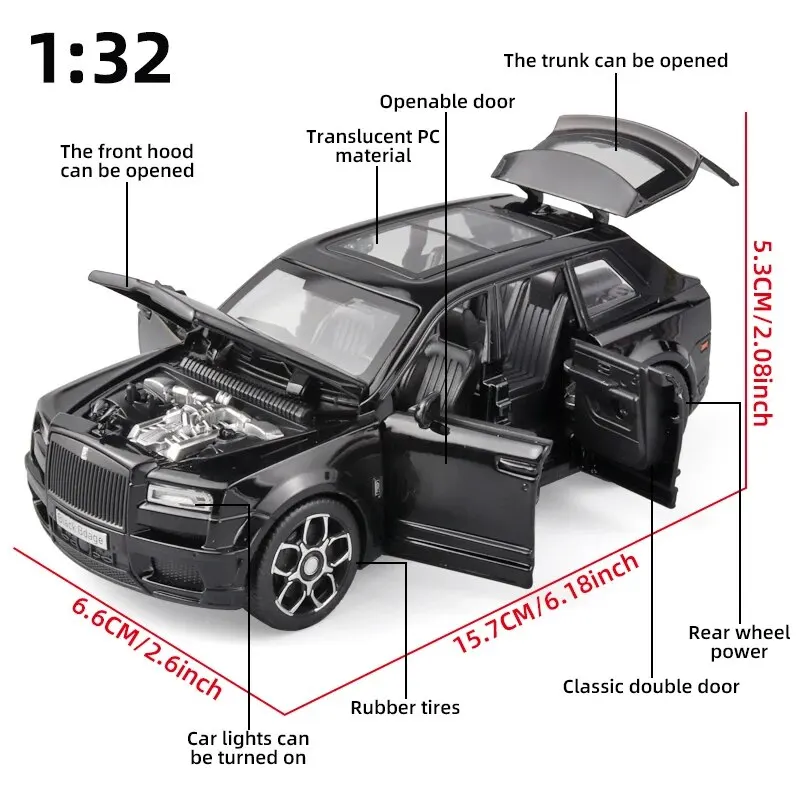 RRCullinan SUV 모델 자동차 장난감, 아연 합금 풀백 다이캐스트 장난감 자동차, 소리와 빛이 나는 어린이 보, 1:24 체중계