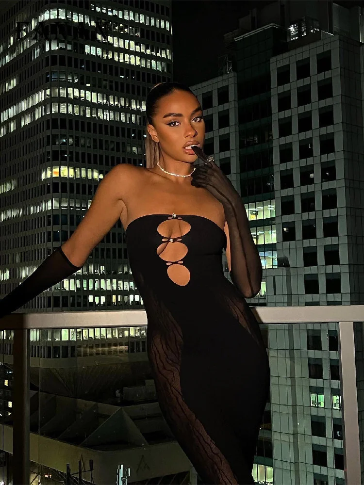

Black Party Dress Women Sexy Strapless Mesh Patchwork Midi Backless Dresses See Through Bodycon Club Outfit 2022 Fashion Clothes