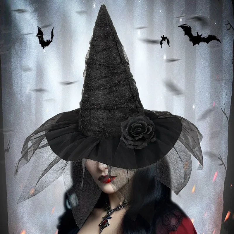 Halloween Baroque Witch Hat cosplay hat Mesh Simulation Flower Dress Up Accessories Gothic Queen Cosplay Witch Makeup Ball Party Hat