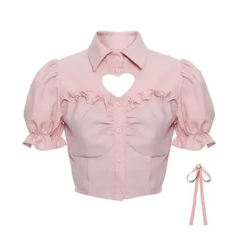 Early Spring New Sweet Girl Suit Women's Pink Bubble Sleeve Shirt Top Apricot Strap Dress Two Piece Set Fashion Female Clothes
