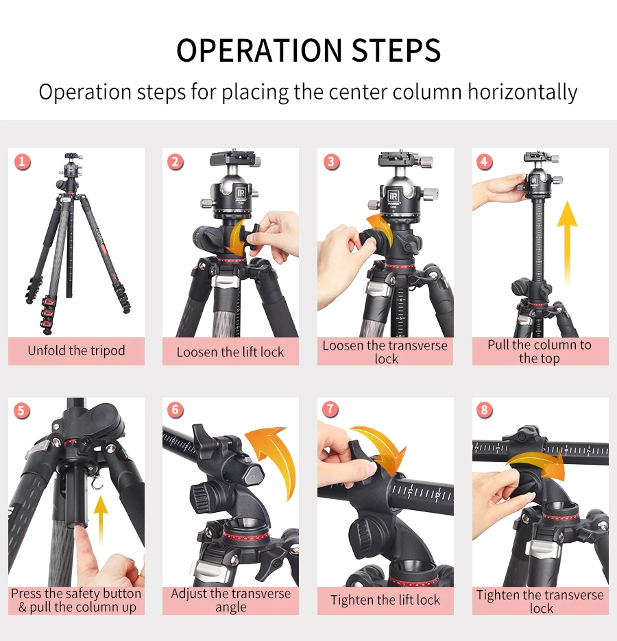 YT284C Professional Carbon Camera Tripod with rotatable multi-angle center colum